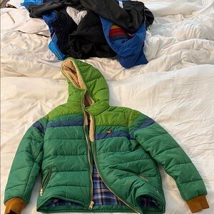 Aviator Nation Green Hooded Puffer with Blue Stripe worn twice